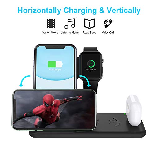 Dikkar Soporte de Cargador Inalámbrico Qi de 15 W para Airpods Pro Apple Watch 5 4 3 2 1, 4 en 1 Estación de Carga Inalámbrica Rápida Plegable Compatible iPhone 11 Pro X XS XR MAX 8/Galaxy S10/10/9