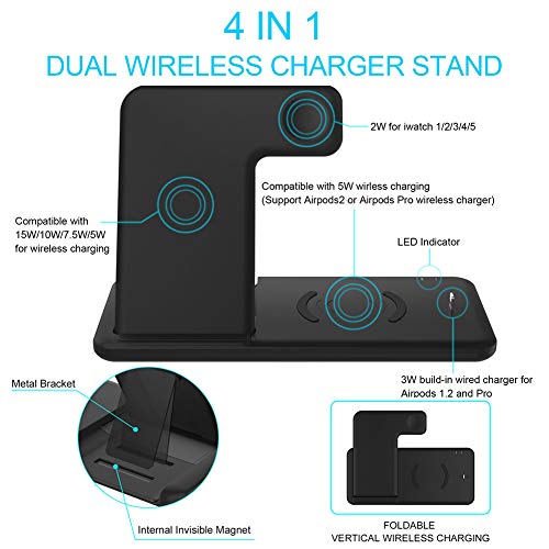 Dikkar Soporte de Cargador Inalámbrico Qi de 15 W para Airpods Pro Apple Watch 5 4 3 2 1, 4 en 1 Estación de Carga Inalámbrica Rápida Plegable Compatible iPhone 11 Pro X XS XR MAX 8/Galaxy S10/10/9