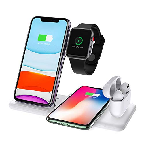 Dikkar Soporte de Cargador Inalámbrico Qi de 15 W para Airpods Pro Apple Watch 5 4 3 2 1, 4 en 1 Estación de Carga Inalámbrica Rápida Plegable Compatible iPhone 11 Pro X XS XR MAX 8/Galaxy S10/10/9