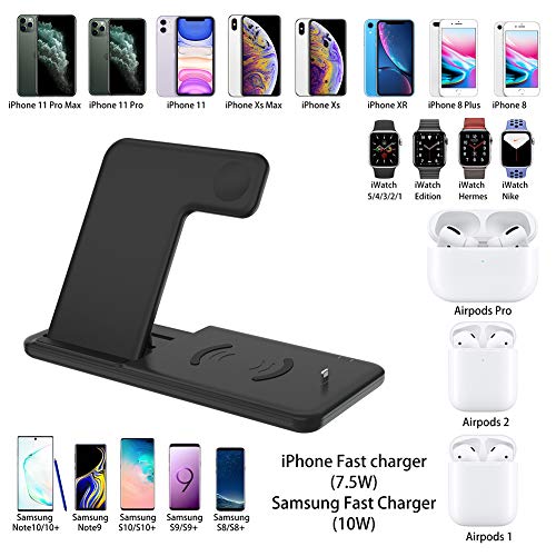 Dikkar Soporte de Cargador Inalámbrico Qi de 15 W para Airpods Pro Apple Watch 5 4 3 2 1, 4 en 1 Estación de Carga Inalámbrica Rápida Plegable Compatible iPhone 11 Pro X XS XR MAX 8/Galaxy S10/10/9