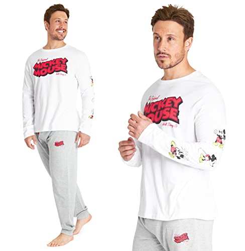 Disney Pijama Hombre de Mickey Mouse, Pijamas 2 Piezas M - 3XL (L, Blanco/Gris)