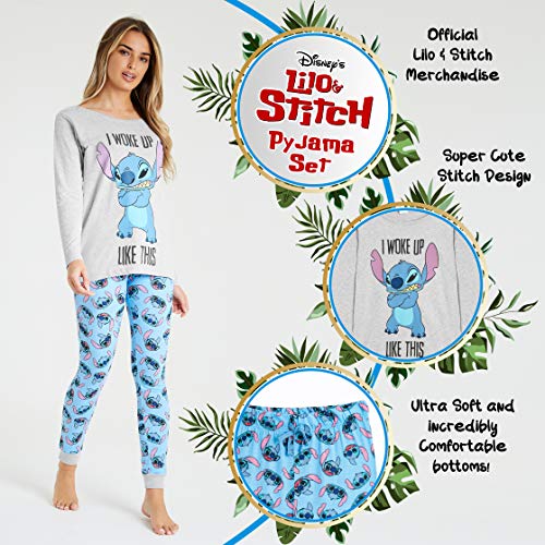 Disney Pijama Mujer Invierno Manga Larga de Stitch (M, Azul/Gris)