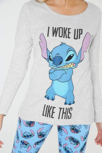 Disney Pijama Mujer Invierno Manga Larga de Stitch (M, Azul/Gris)