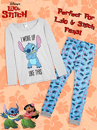 Disney Pijama Mujer Invierno Manga Larga de Stitch (M, Azul/Gris)
