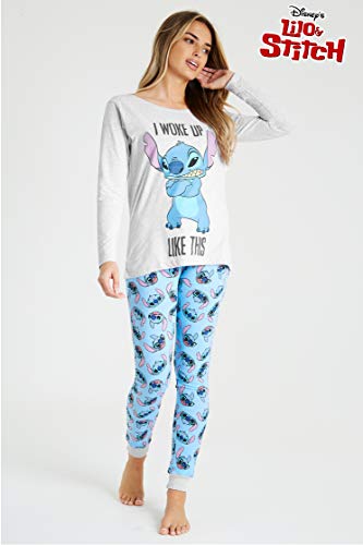 Disney Pijama Mujer Invierno Manga Larga de Stitch (M, Azul/Gris)