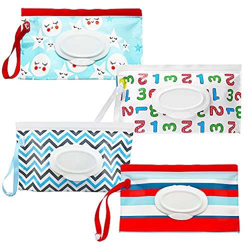 Dispensador de Toallitas, Bambebe Funda Humedas Toallitas Bebe, Bolsa Toallitas Bebe Portátil, Viajes Bebe Mojado Tejido Caja, con Estuche para Porta Toallitas Reutilizable y Rellenable, 4 unidades