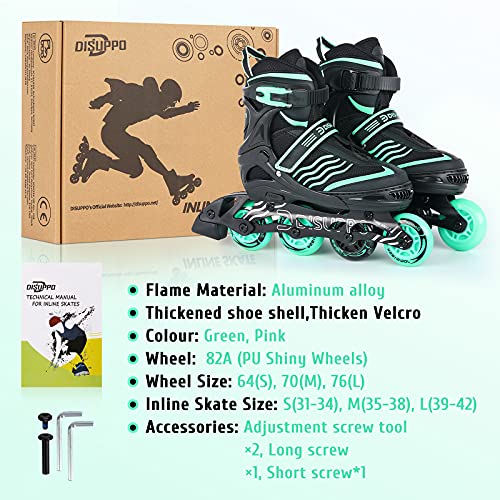 DISUPPO Patines en Línea Niños Niñas, Patín sobre Ruedas Iluminadas Inline Skates Ajustables Adultos, Patines Infantiles con Luces, Ruedas de PU (Talla EU 31-42) (Verde, S)