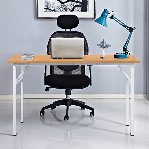 DlandHome Mesa Plegable Mesa de Ordenador Escritorio de Oficina 120x60cm Mesa de Estudio Puesto de Trabajo Mesas de Recepción Mesa de Formación,Teca/Blanco