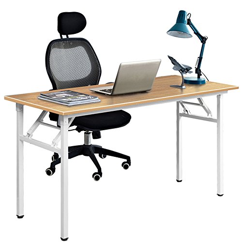 DlandHome Mesa Plegable Mesa de Ordenador Escritorio de Oficina 120x60cm Mesa de Estudio Puesto de Trabajo Mesas de Recepción Mesa de Formación,Teca/Blanco
