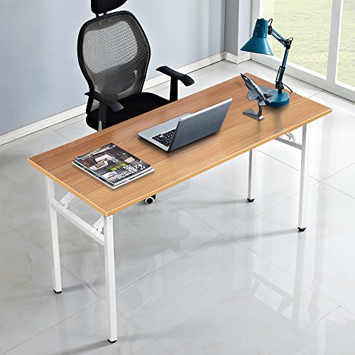 DlandHome Mesa Plegable Mesa de Ordenador Escritorio de Oficina 120x60cm Mesa de Estudio Puesto de Trabajo Mesas de Recepción Mesa de Formación,Teca/Blanco
