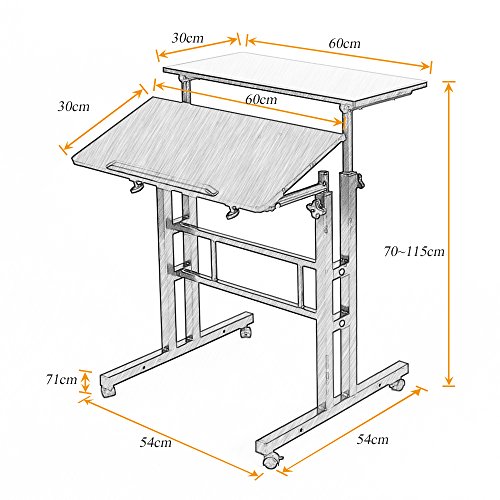 DlandHome Mesa Portatil Ordenador Escritorio de Pie Mesa Auxiliar con Ruedas Mesita Regulable Altura 70-115cm Mesas Pequeñas para Ordenador Mesa Escritorio Multifuncional con 2 Estantes, Arce