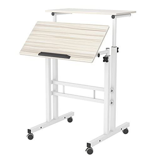 DlandHome Mesa Portatil Ordenador Escritorio de Pie Mesa Auxiliar con Ruedas Mesita Regulable Altura 70-115cm Mesas Pequeñas para Ordenador Mesa Escritorio Multifuncional con 2 Estantes, Arce