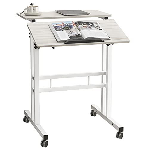 DlandHome Mesa Portatil Ordenador Escritorio de Pie Mesa Auxiliar con Ruedas Mesita Regulable Altura 70-115cm Mesas Pequeñas para Ordenador Mesa Escritorio Multifuncional con 2 Estantes, Arce