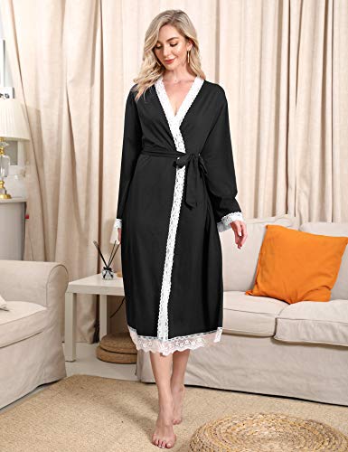 Doaraha Albornoces de Encaje para Mujer Cárdigan Batas de Encaje Bata de Kimono con Cuello en V Bolsillo Ropa de Dormir Suave (Negro, L)