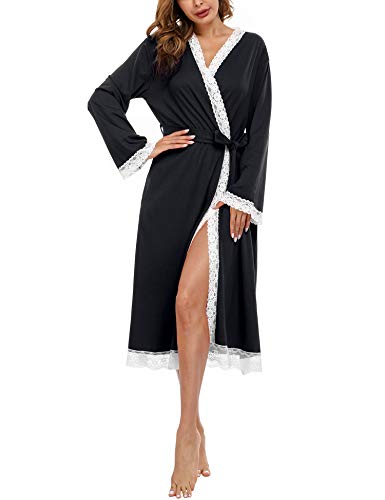 Doaraha Albornoces de Encaje para Mujer Cárdigan Batas de Encaje Bata de Kimono con Cuello en V Bolsillo Ropa de Dormir Suave (Negro, L)