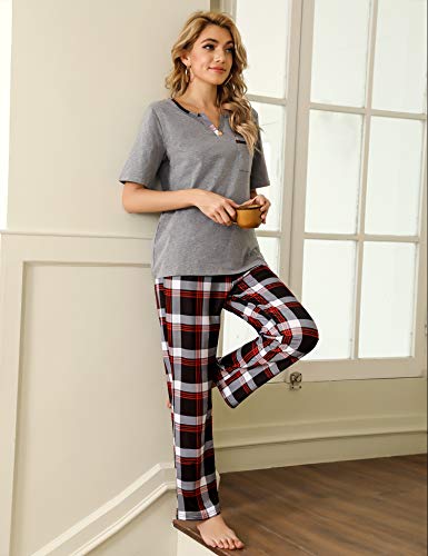 Doaraha Pijama a Cuadros para Mujer Camiseta y Pantalones Pijamas Manga Larga Celosía Ropa de Dormir de Algodón Manga Corta con Cuello de Muesca 2 Piezas (A#1 Gris (pantalón Largo), L)