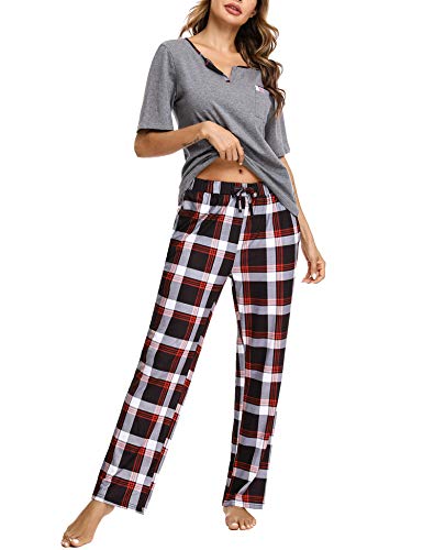 Doaraha Pijama a Cuadros para Mujer Camiseta y Pantalones Pijamas Manga Larga Celosía Ropa de Dormir de Algodón Manga Corta con Cuello de Muesca 2 Piezas (A#1 Gris (pantalón Largo), L)