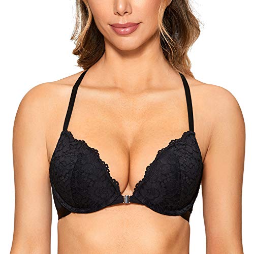 DOBREVA Sujetador Encaje Push Up Cierre Delantero con Aros para Mujer Negro 95E