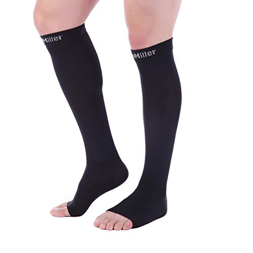 DocMiller - Manga de compresión para dedos abiertos (1 par, 15 – 20 mmHg, apoyo firme, presión graduada, deportes, correr, recuperación muscular, espinillas, verduras de araña varicosa, Large, Negro