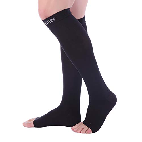 DocMiller - Manga de compresión para dedos abiertos (1 par, 15 – 20 mmHg, apoyo firme, presión graduada, deportes, correr, recuperación muscular, espinillas, verduras de araña varicosa, Large, Negro