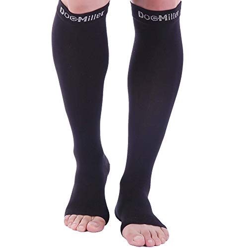 DocMiller - Manga de compresión para dedos abiertos (1 par, 15 – 20 mmHg, apoyo firme, presión graduada, deportes, correr, recuperación muscular, espinillas, verduras de araña varicosa, Large, Negro