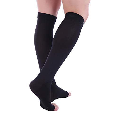 DocMiller - Manga de compresión para dedos abiertos (1 par, 15 – 20 mmHg, apoyo firme, presión graduada, deportes, correr, recuperación muscular, espinillas, verduras de araña varicosa, Large, Negro