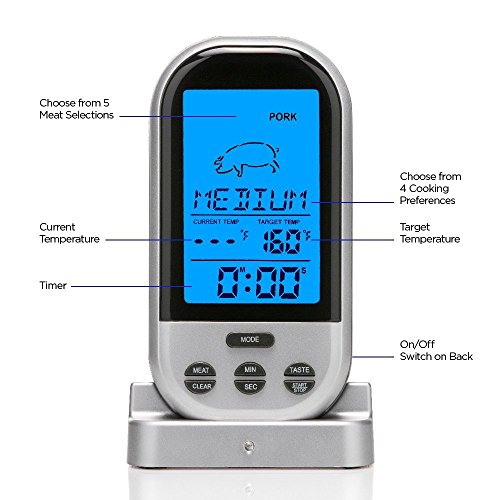 DollaTek termómetro de Barbacoa al Aire Libre con Control Remoto inalámbrico para Alimentos, termómetro de Cocina para el hogar, para Horno, Plateado y Gris