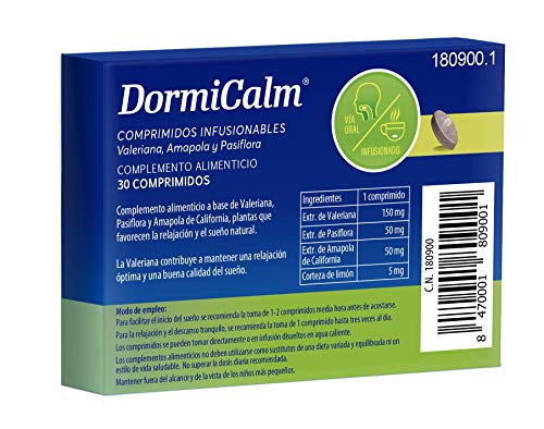 DORMICALM. Complemento alimenticio con valeriana, pasiflora y amapola de california. 30 comprimidos. Relajación y sueño natural.