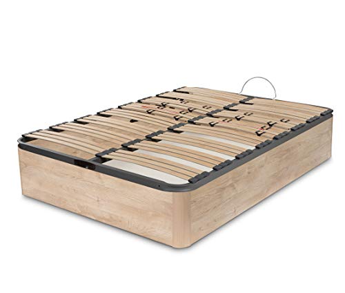 DORMIDAN - Canapé abatible Gran Capacidad Esquinas Redondeada en Madera Maciza, Tapa somier multiláminas con regulación Lumbar 90x190cm, Color Roble