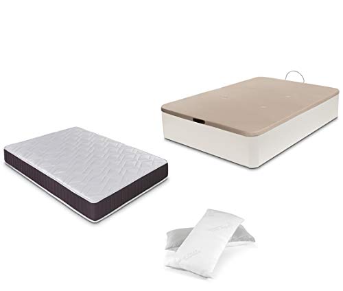 DORMIDAN - Pack de canapé abatible de Gran Capacidad + colchón viscoelástico + Almohada visco Copos de Regalo (135_x_190_cm, Blanco)