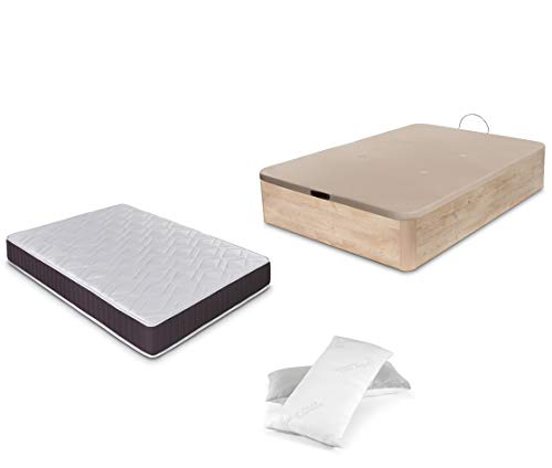 DORMIDAN - Pack de canapé abatible de Gran Capacidad + colchón viscoelástico + Almohada visco Copos de Regalo (135_x_190_cm, Roble)