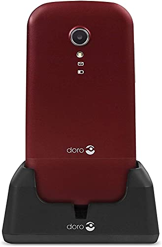Doro 2400 Teléfono Móvil 2G con Tapa para Mayores con Teclas Grandes, Botón SOS y Base de Carga [Versión Española y Portuguesa] (Rojo)