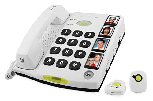 Doro Secure 347 Teléfono Fijo con Cable para Personas Mayores con Teclas Grandes con Foto, Marcación Rápida, y Mandos a Distancia con Botón de Asistencia (Blanco) [Versión Española y Portuguesa]