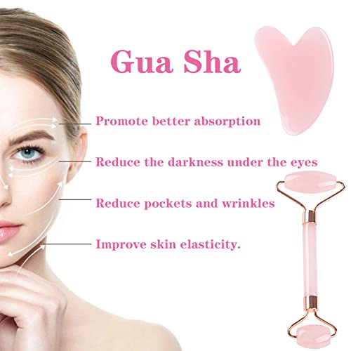 Dos Masajeador Facial Gua Sha, Rodillo Facial De Masaje Y Una Tabla Gua Sha En Forma De CorazóN, Que Se Utilizan Para Raspar La Cara, Ojos, Cuello, Masaje Y Lifting, Antienvejecimiento (Polvo De Rosa)
