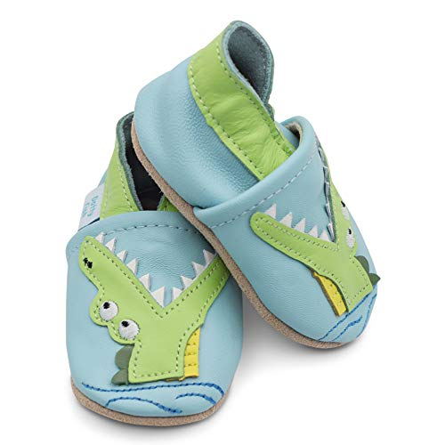 Dotty Fish Boys Soft Leather Baby Shoes with Animal Designs, Zapatos para BEB Unisex niños, Cocodrilo Azul, 2 3 años EU