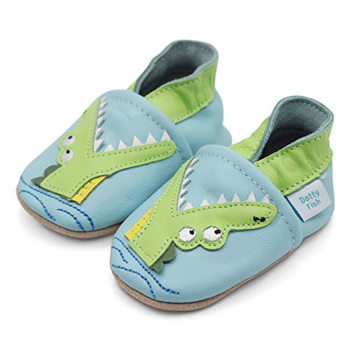 Dotty Fish Boys Soft Leather Baby Shoes with Animal Designs, Zapatos para BEB Unisex niños, Cocodrilo Azul, 2 3 años EU