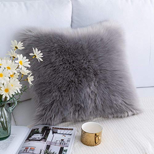 DQMEN 2Pcs Funda Cojines, Funda Almohada de Suave Piel sintética de Lana, Cojín Cubierta Tiro Funda de Almohada Sofá Decoración 45cm x 45cm (2Pcs Gris, 45 x 45cm)