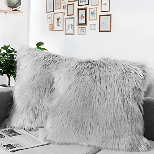DQMEN 2Pcs Funda Cojines, Funda Almohada de Suave Piel sintética de Lana, Cojín Cubierta Tiro Funda de Almohada Sofá Decoración 45cm x 45cm (2Pcs Gris, 45 x 45cm)