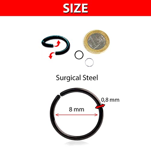 Drawer Props - Pack 2 Piercings Aros Nariz y Septum 0.8 X 8mm de Acero Quirúrgico Flexible - Colores Negro y Plata - Pendientes Reales Hipoalergénicos
