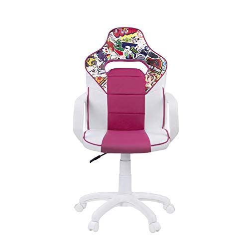 DRW Sticker, Silla Gamer, Silla de Oficina Gaming Estudio o Escritorio, Acabado en Símil Piel Blanco - Rosa y Sticker, Medidas: 60 cm (Ancho) x 60 cm (Fondo) x 98-108 cm (Alto)