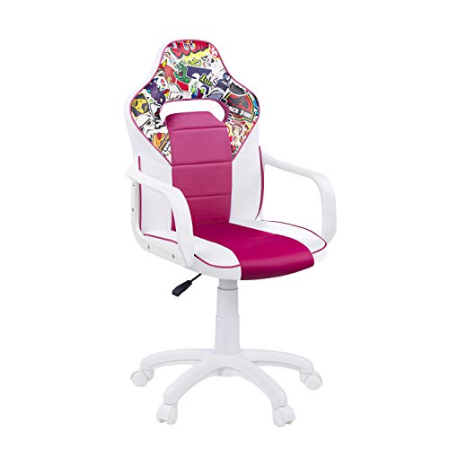 DRW Sticker, Silla Gamer, Silla de Oficina Gaming Estudio o Escritorio, Acabado en Símil Piel Blanco - Rosa y Sticker, Medidas: 60 cm (Ancho) x 60 cm (Fondo) x 98-108 cm (Alto)