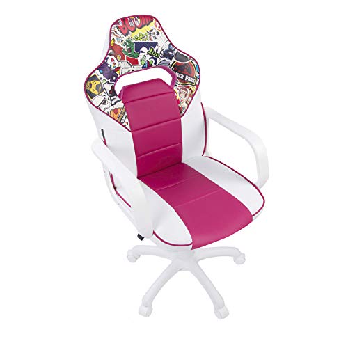 DRW Sticker, Silla Gamer, Silla de Oficina Gaming Estudio o Escritorio, Acabado en Símil Piel Blanco - Rosa y Sticker, Medidas: 60 cm (Ancho) x 60 cm (Fondo) x 98-108 cm (Alto)