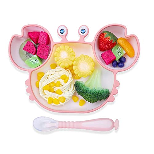 Dsaren Platos de Silicona para Bebe Ventosa Vajilla Platos Antideslizante con Cucharas para Lavavajillas Microondas Silla alta (Rosado)