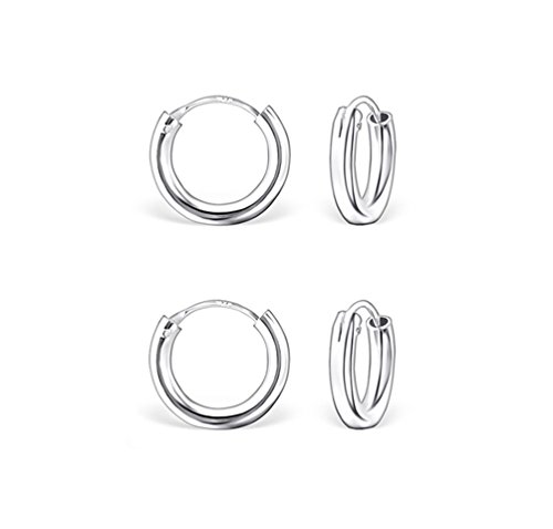 DTP Silver - Conjunto de 2 pares de Pendientes de Aro - Plata 925 - Espesor 2 mm, Diámetro 10 mm