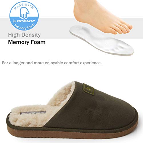 Dunlop Zapatillas Casa Hombre, Memory Foam Pantuflas Peluche Abiertas, Zapatillas De Estar En Casa Invierno Calientes Suela de Goma Dura Interior Exterior, Regalos para Hombre (44 EU, Caqui)