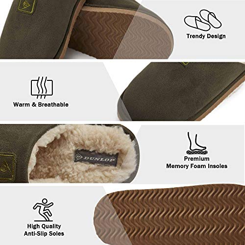 Dunlop Zapatillas Casa Hombre, Memory Foam Pantuflas Peluche Abiertas, Zapatillas De Estar En Casa Invierno Calientes Suela de Goma Dura Interior Exterior, Regalos para Hombre (44 EU, Caqui)