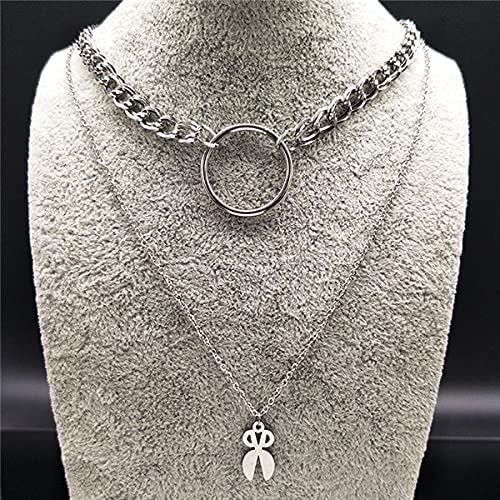 DUNSHUI Collares de Acero Inoxidable de Hoja de Moda para Mujer Joyas Collares de Color Plateado de Doble Capa Gótico (Color de Metal: Paz) (Tijeras)
