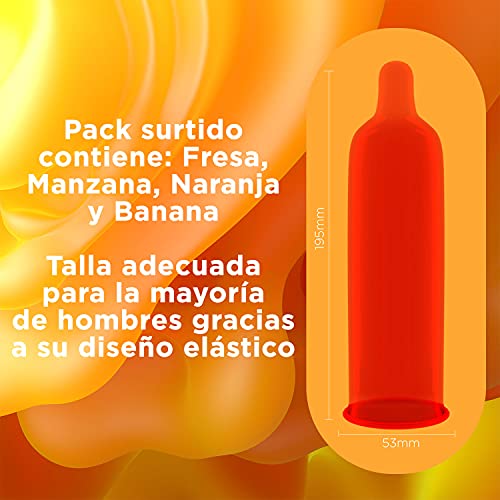 Durex Preservativos Saboreame con Sabores Afrutados - Fresa, Plátano, Naranja y Manzana - 12 condones