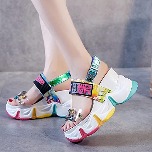 DZQQ 2020 Nuevas Sandalias de cuña de Verano para Mujer, Zapatos de Plataforma Gruesos de Cristal de PVC Transparente, Sandalias de Fondo Grueso con arcoíris para Mujer