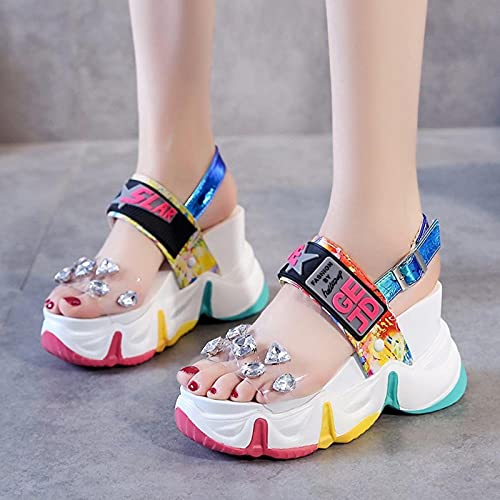 DZQQ 2020 Nuevas Sandalias de cuña de Verano para Mujer, Zapatos de Plataforma Gruesos de Cristal de PVC Transparente, Sandalias de Fondo Grueso con arcoíris para Mujer